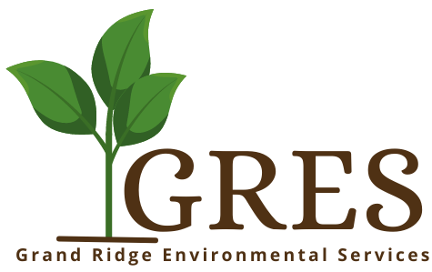 A green plant, a brown line below the plant, the letters GRES and the words Grand Ridge Environmental Services at the base.